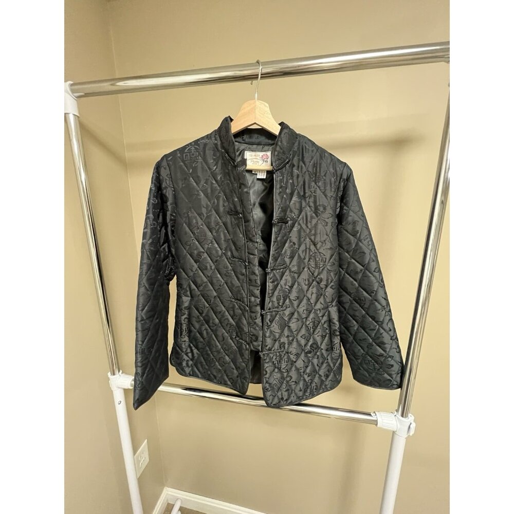 Vintage Peony 100% Silk Chinese Quilted Women’s M Black Jacket Mandarin Collar